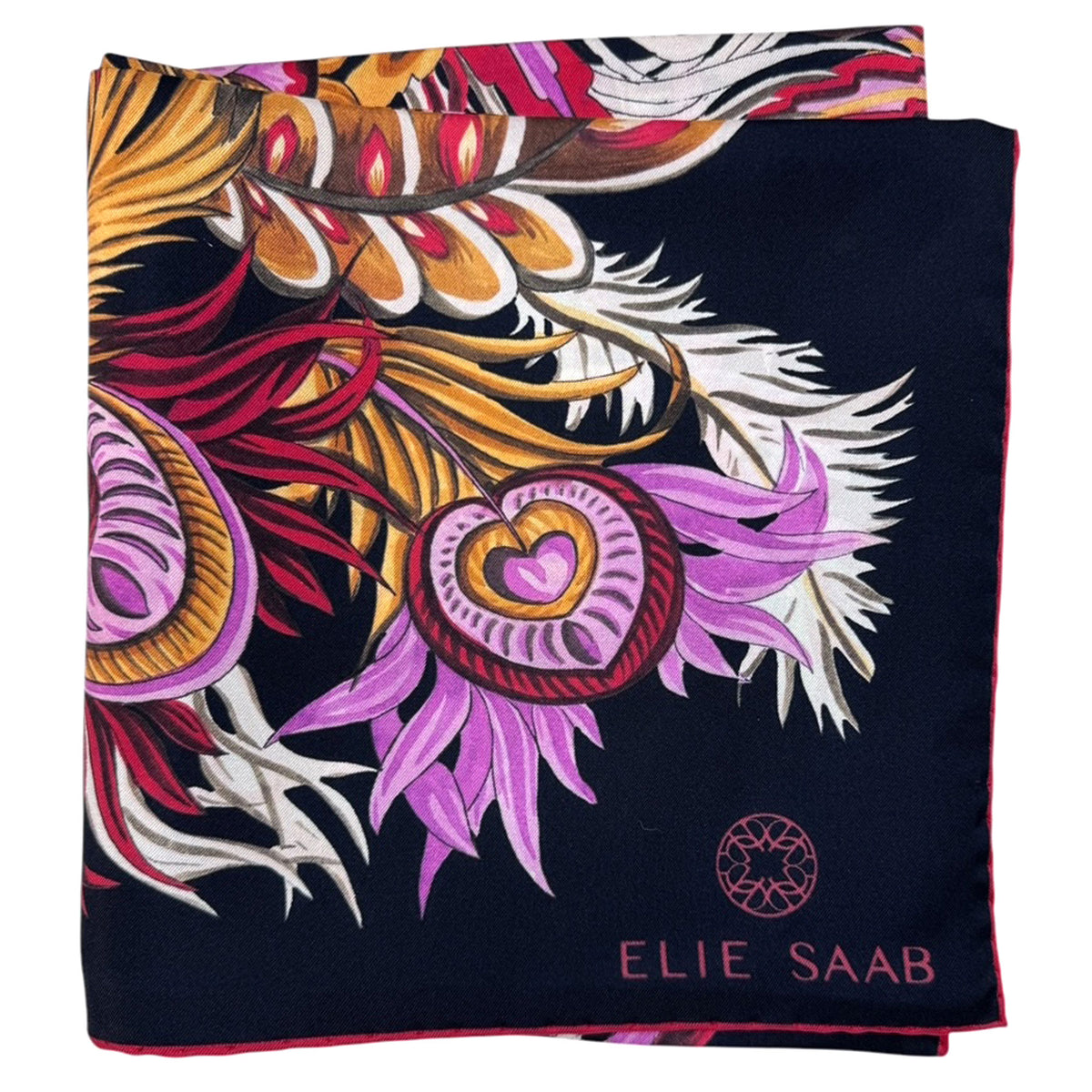 Elie Saab Scarf Black Fire Red Bouquet of Flowers - Twill Silk Square Foulard