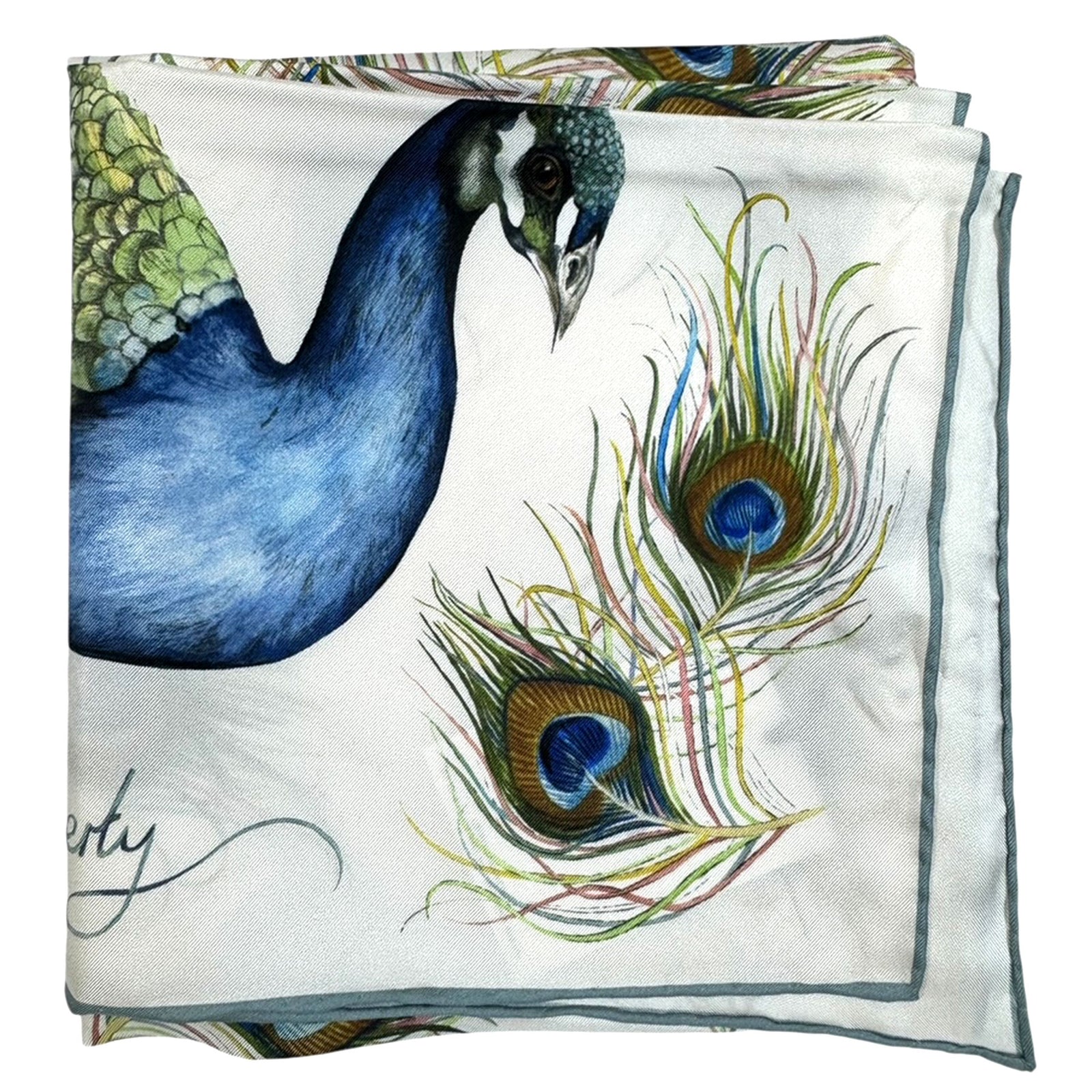 Liberty London Scarf White Green Blue Peacock Plume