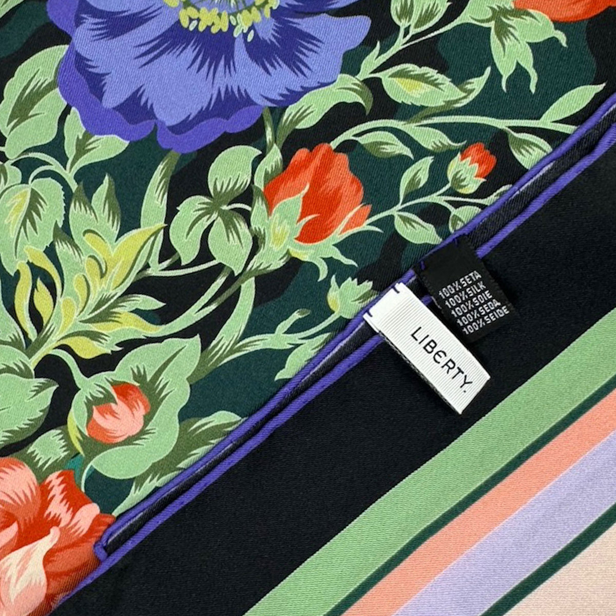 Liberty London Scarf Black Taupe Green Floral - Twill Silk Square Foulard