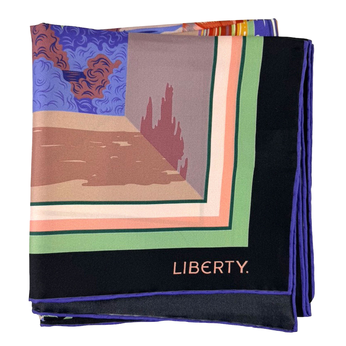 Liberty London Scarf Black Taupe Green Floral - Twill Silk Square Foulard