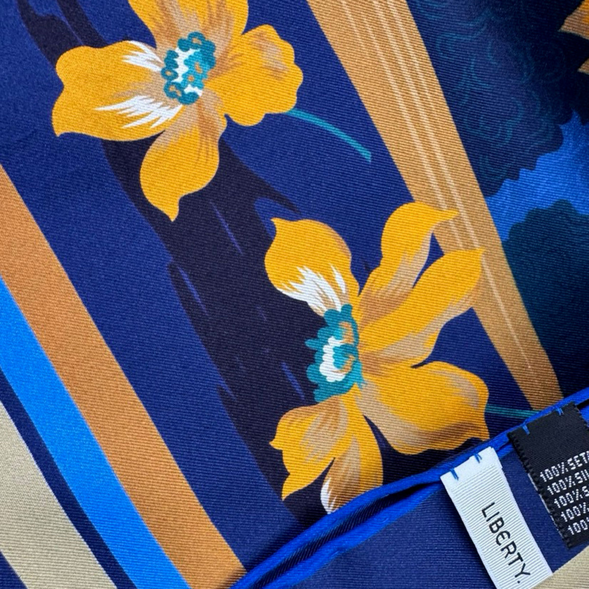 Liberty London Scarf Navy Brown Floral Bouquet - Twill Silk Square Foulard