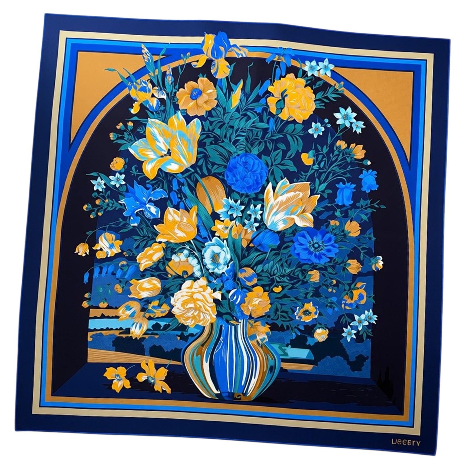 Liberty London Scarf Navy Brown Floral Bouquet - Twill Silk Square Foulard