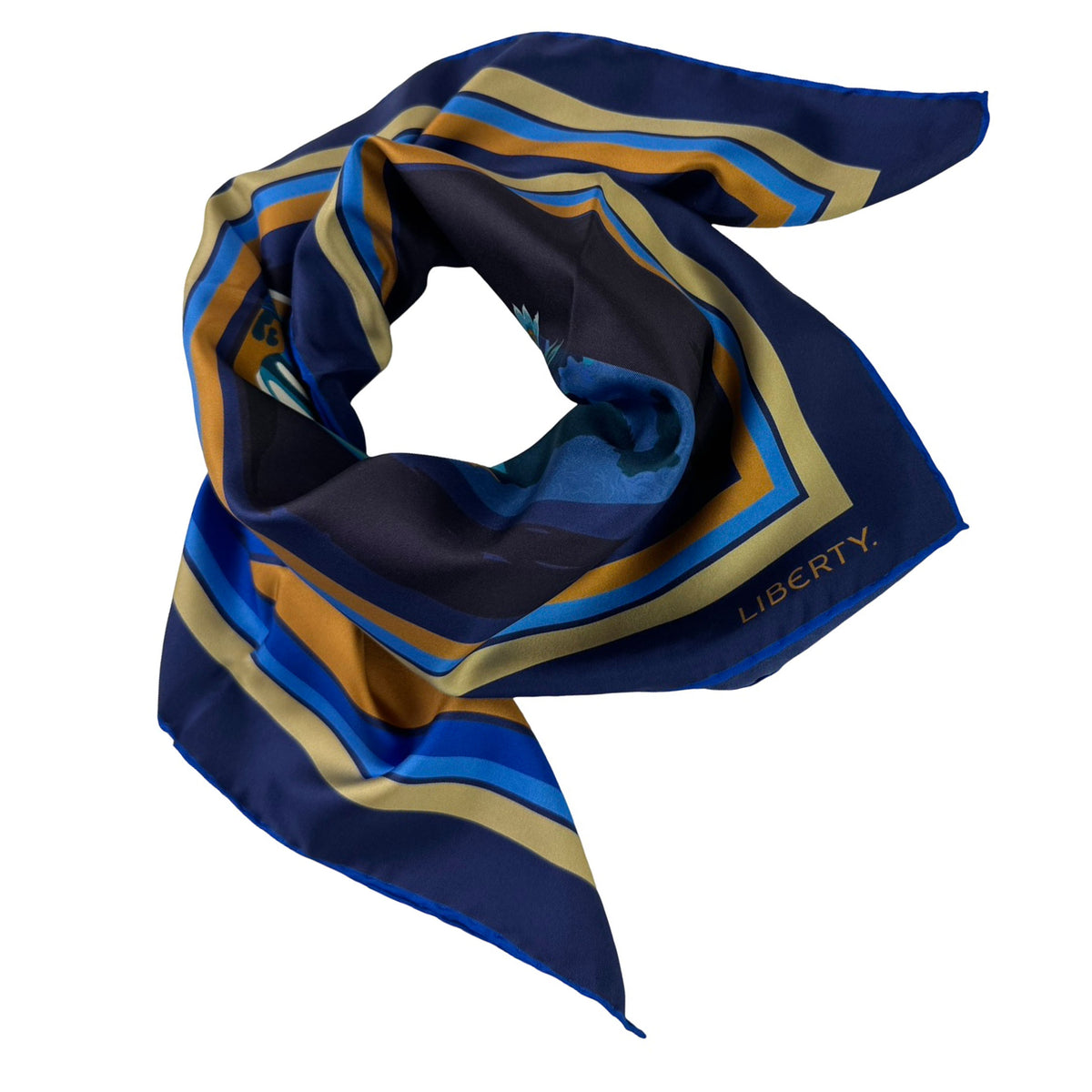 Scarf Navy Brown Floral - Twill Silk Square Foulard