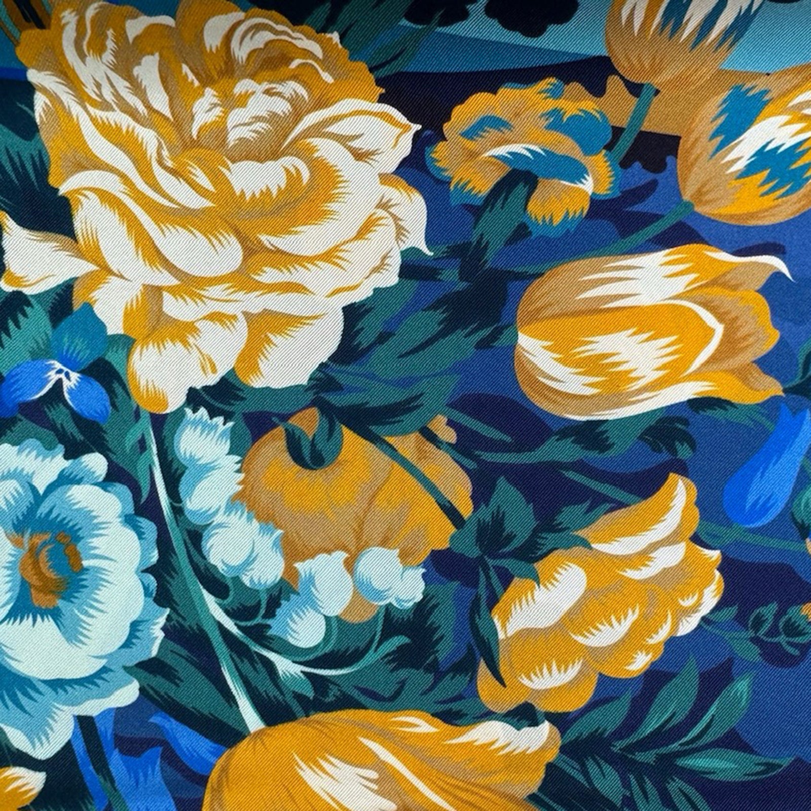 Liberty London Scarf Navy Brown Floral Bouquet - Twill Silk Square Foulard