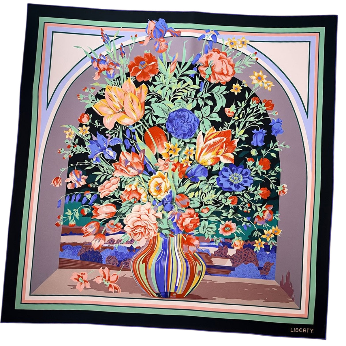 Liberty London Scarf Black Taupe Green Floral - Twill Silk Square Foulard