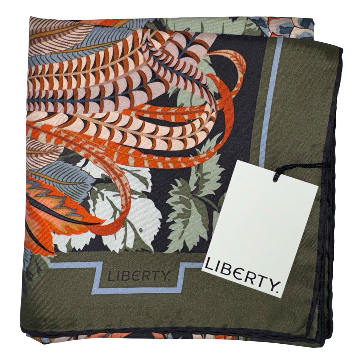 Liberty London Scarf Green Peacock Design - Twill Silk Square Foulard