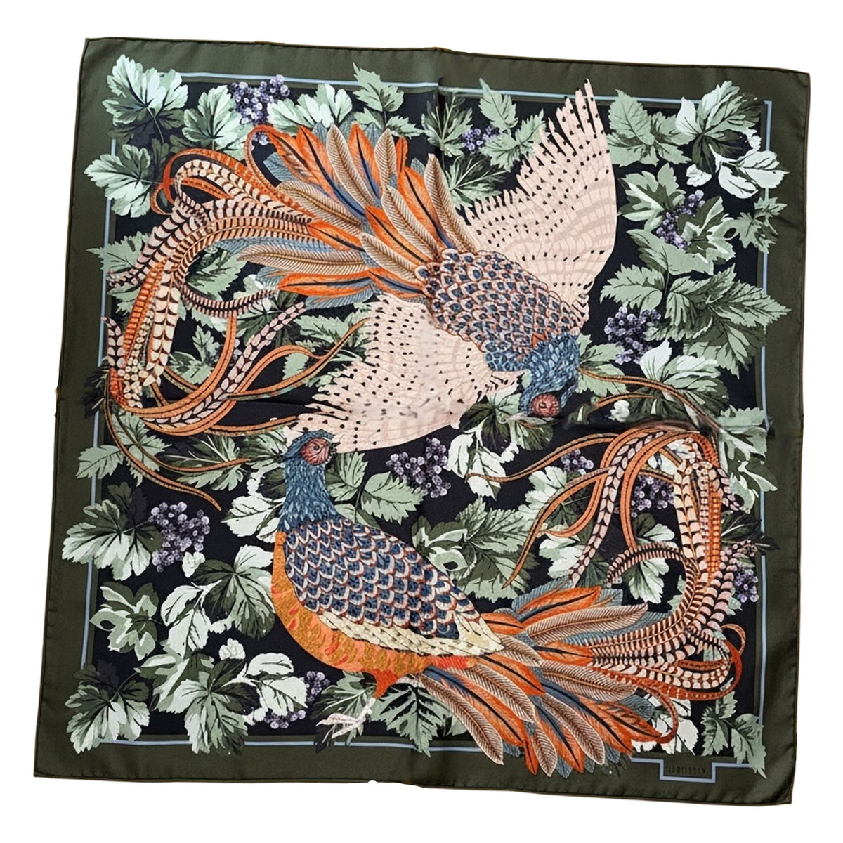 Liberty Scarf Black Green Floral - Twill Silk Square Foulard