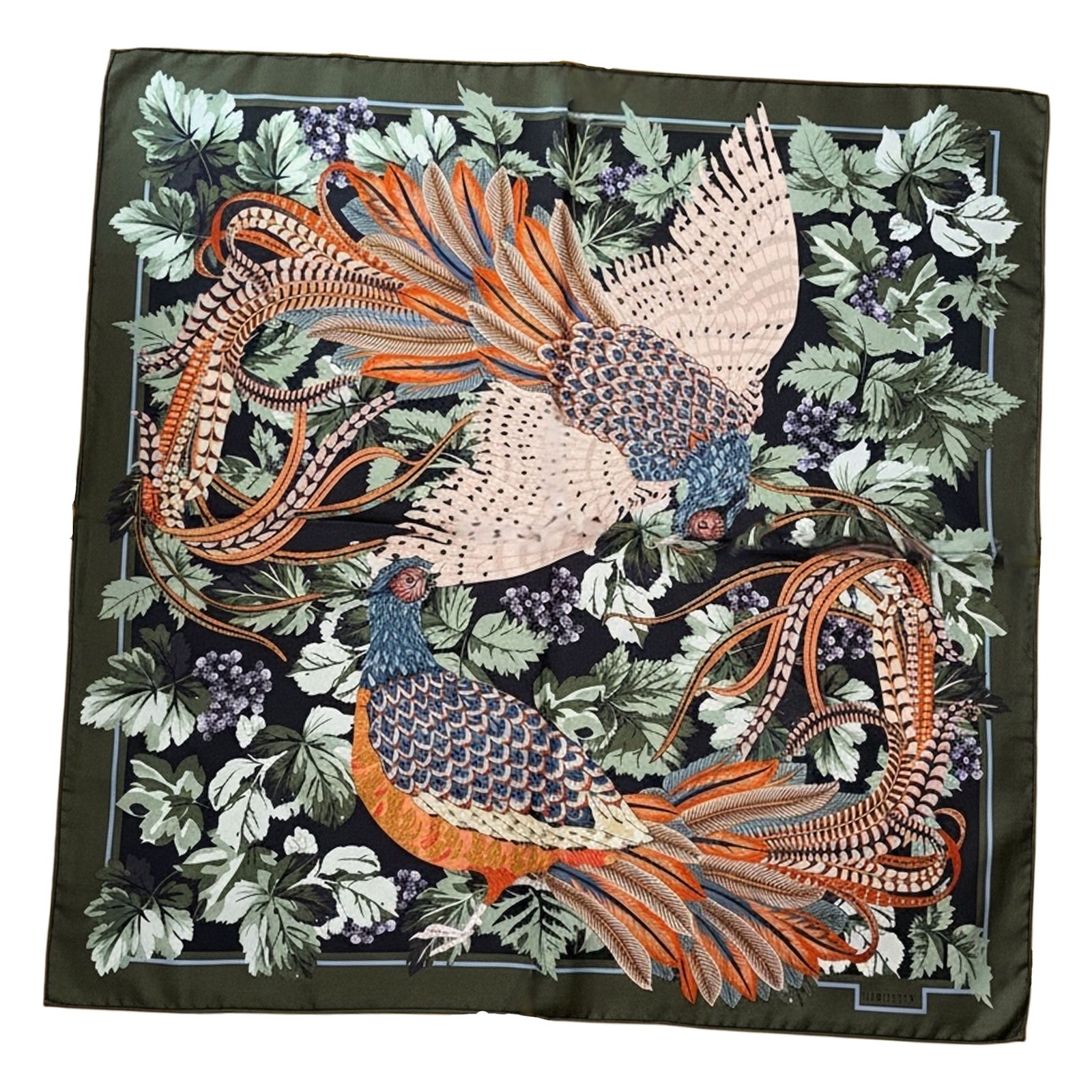 Liberty Scarf Black Green Floral - Twill Silk Square Foulard