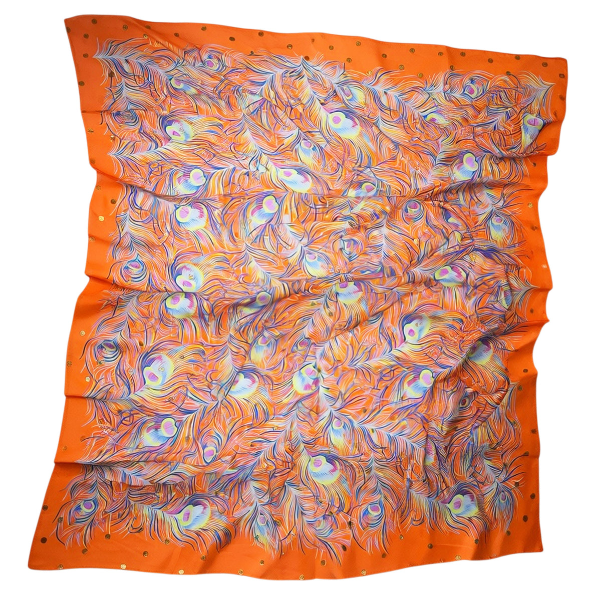 Liberty Scarf Orange With Peacock Feathers &amp; Gold Polka Dots 