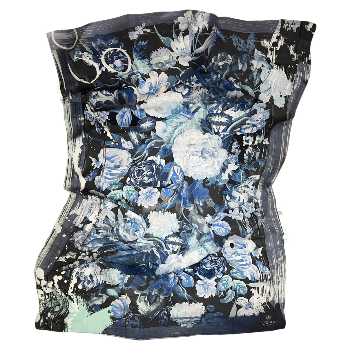 Liberty London Scarf Floral Black Royal Blue - Extra Large Chiffon Silk Shawl