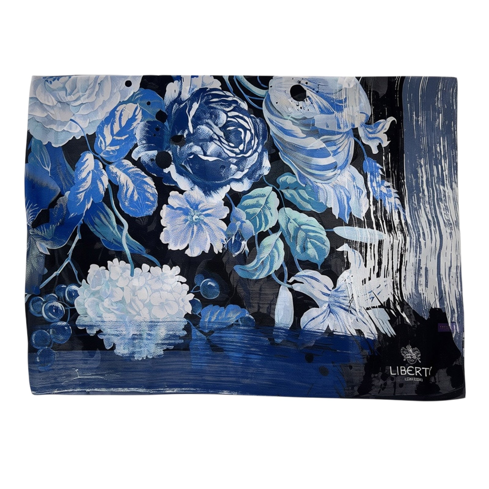 Liberty London Scarf Floral Black Royal Blue - Extra Large Chiffon Silk Shawl