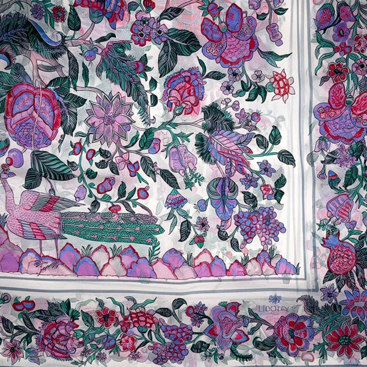 Peacock Liberty Scarf White Pink Lavender Peacock &amp; Floral - Extra Large Chiffon Silk Square Shawl