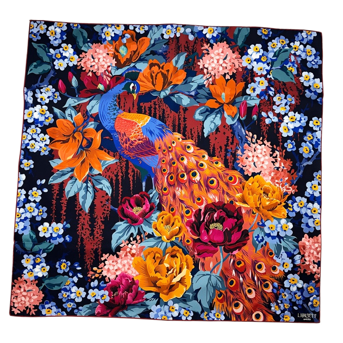 Liberty Scarf Floral &amp; Peacock - Twill Silk Square Foulard