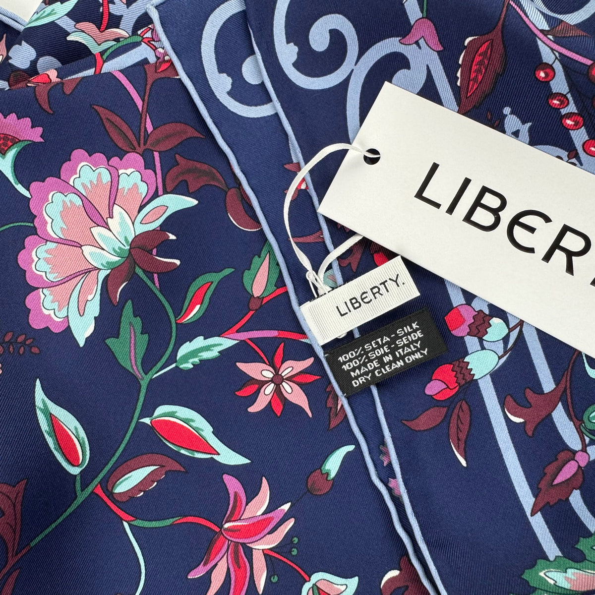 Liberty London Scarf Dark Blue Ornamental &amp; Floral - Twill Silk Square Foulard