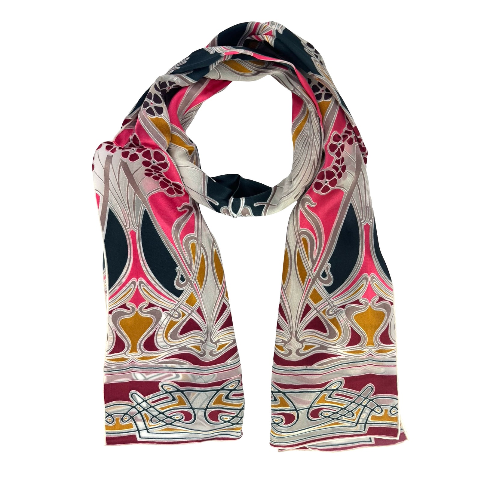 Liberty Scarf Hot Pink Mustard Bordeaux Design - Silk Blend Shawl