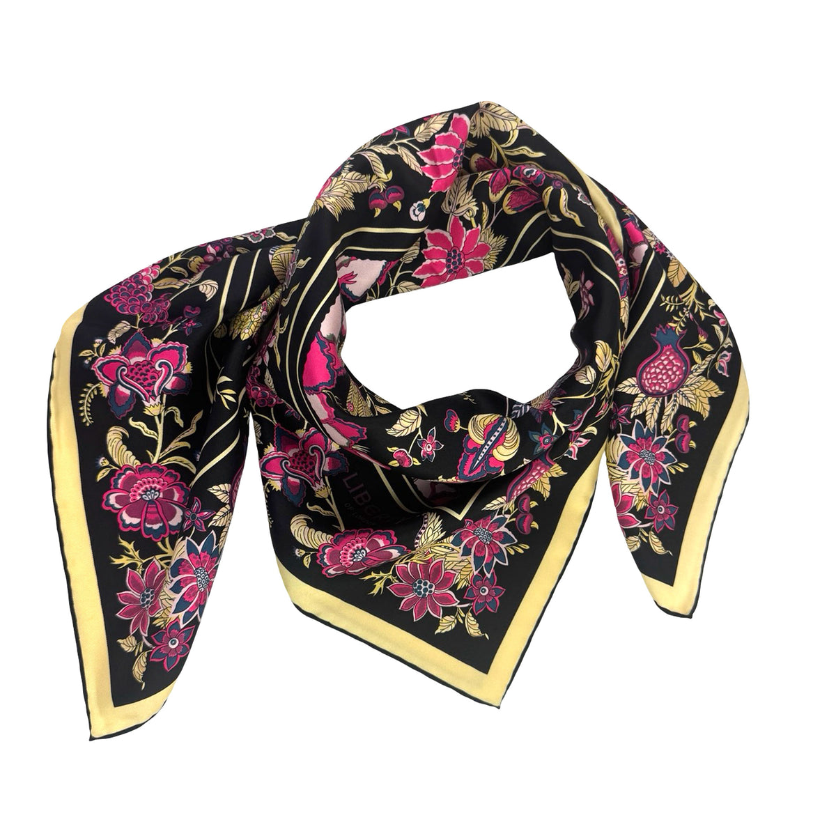 Liberty Scarf Black Pink Botanical Floral - Twill Silk Square Foulard