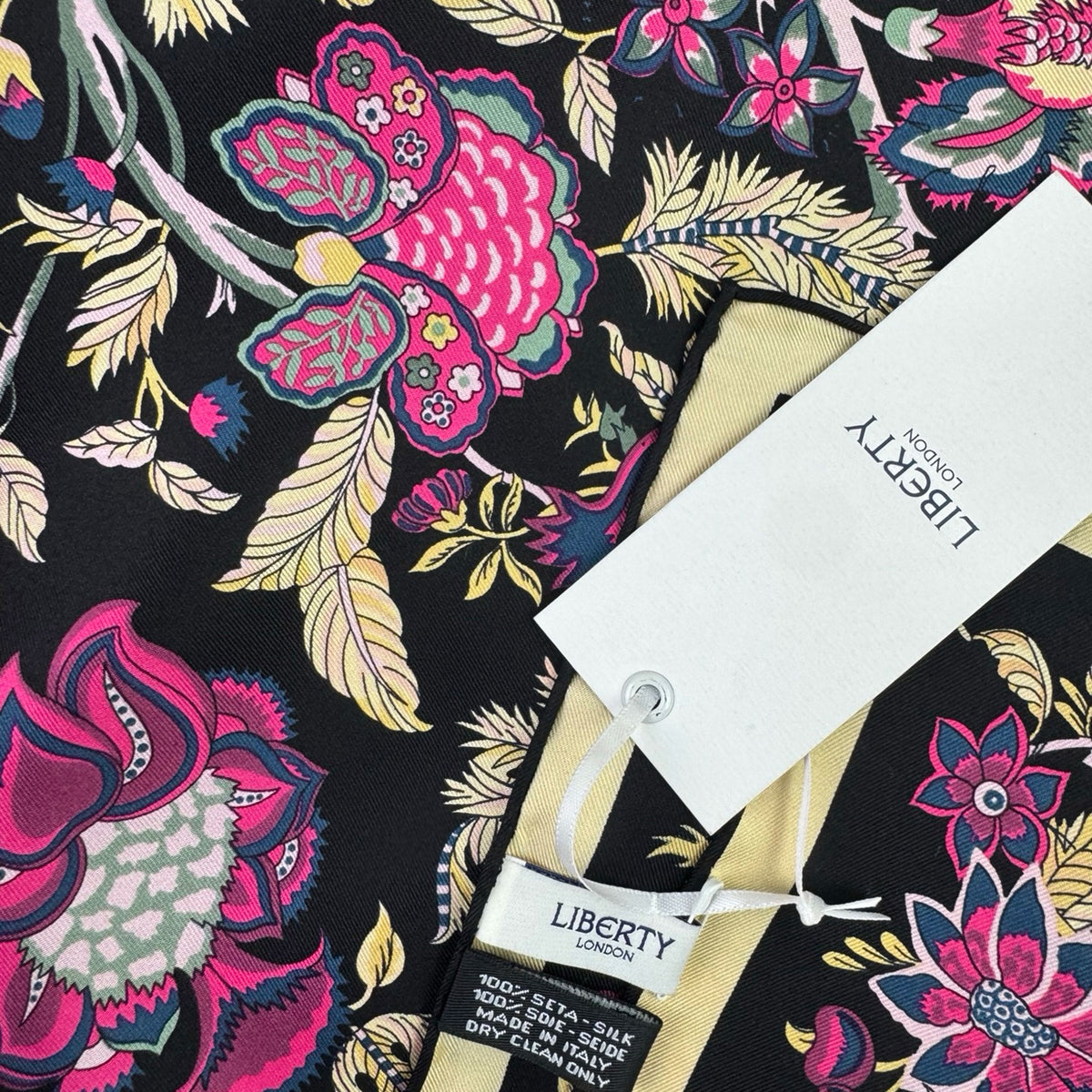 Liberty Scarf Black Pink Botanical Floral - Twill Silk Square Foulard