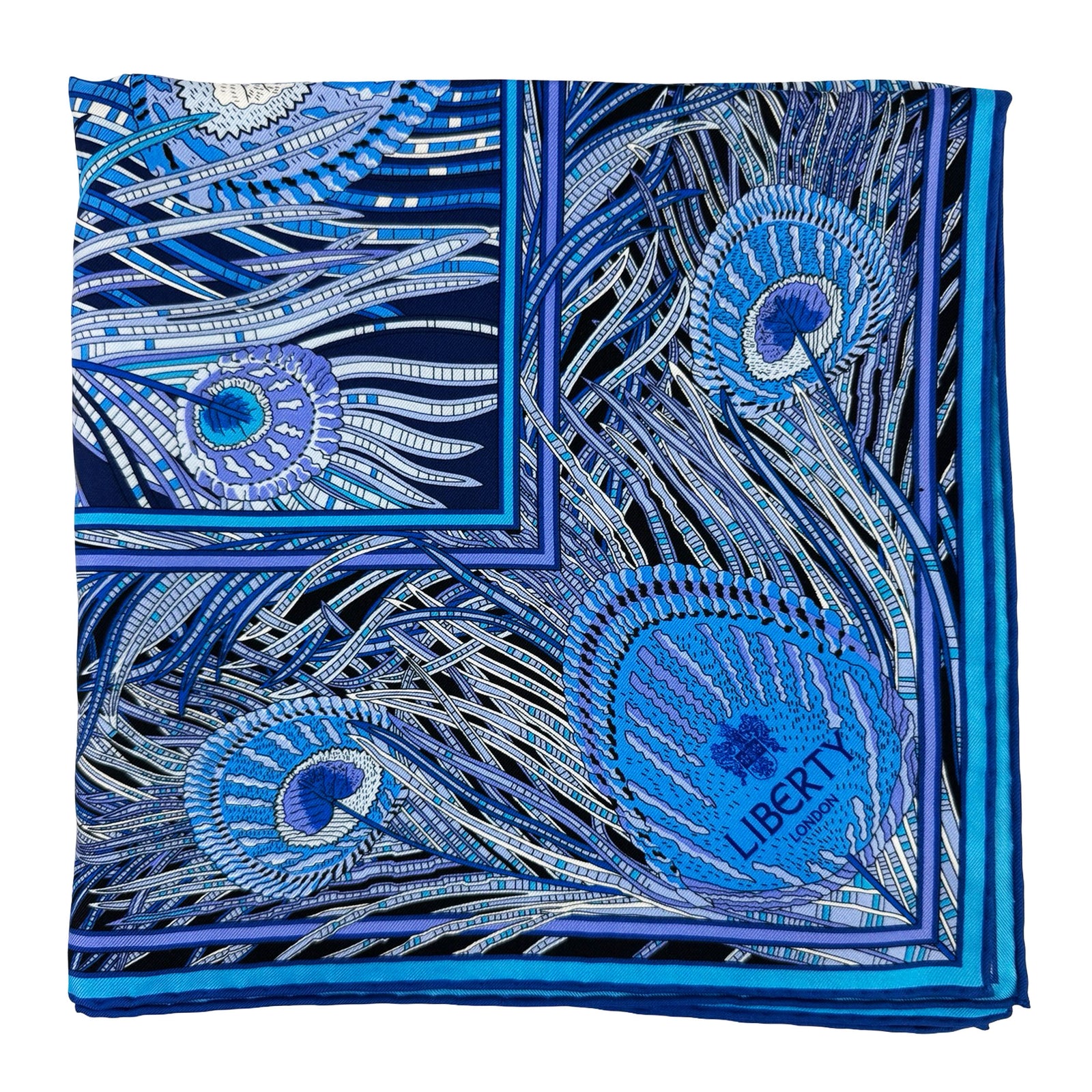 Liberty London Scarf Blue Peacock Feathers - Twill Silk Square Foulard