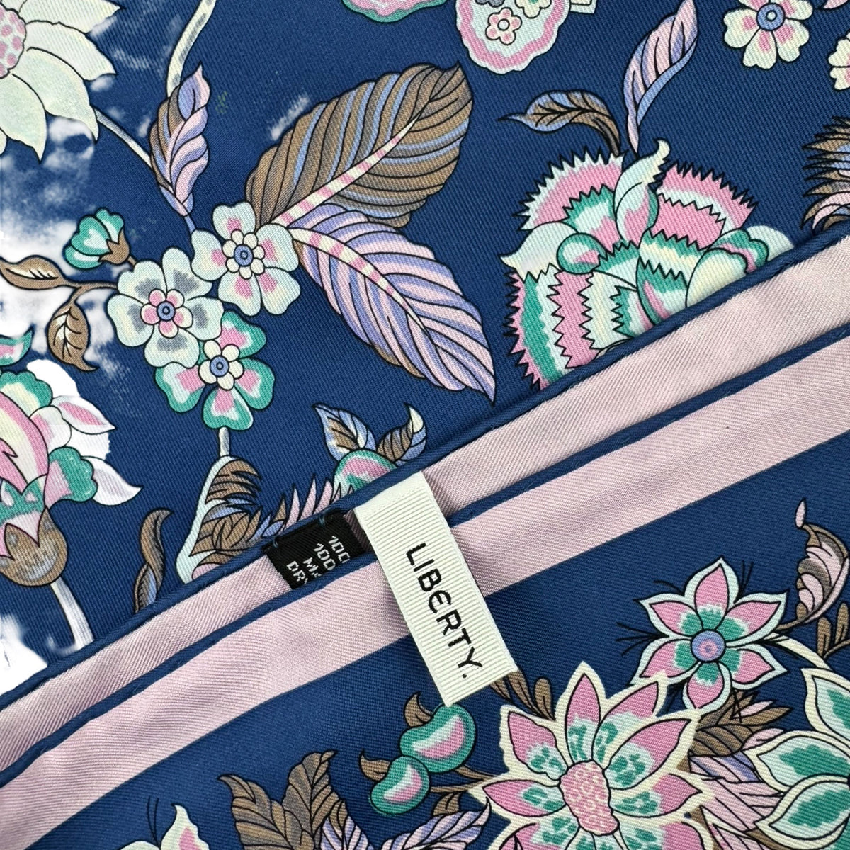 Liberty Scarf Blue Pink Botanical Floral - Twill Silk Square Foulard