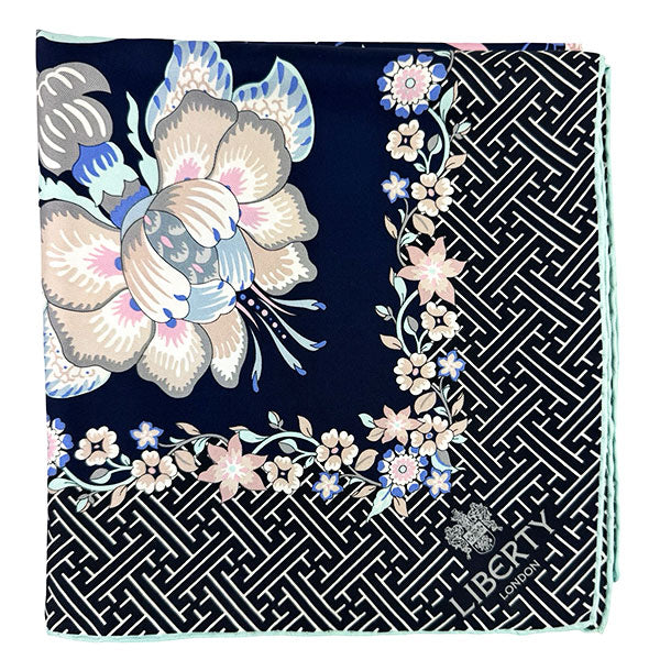 Liberty London Scarf Floral Midnight Blue Pink Lilac - Twill Silk Square Foulard