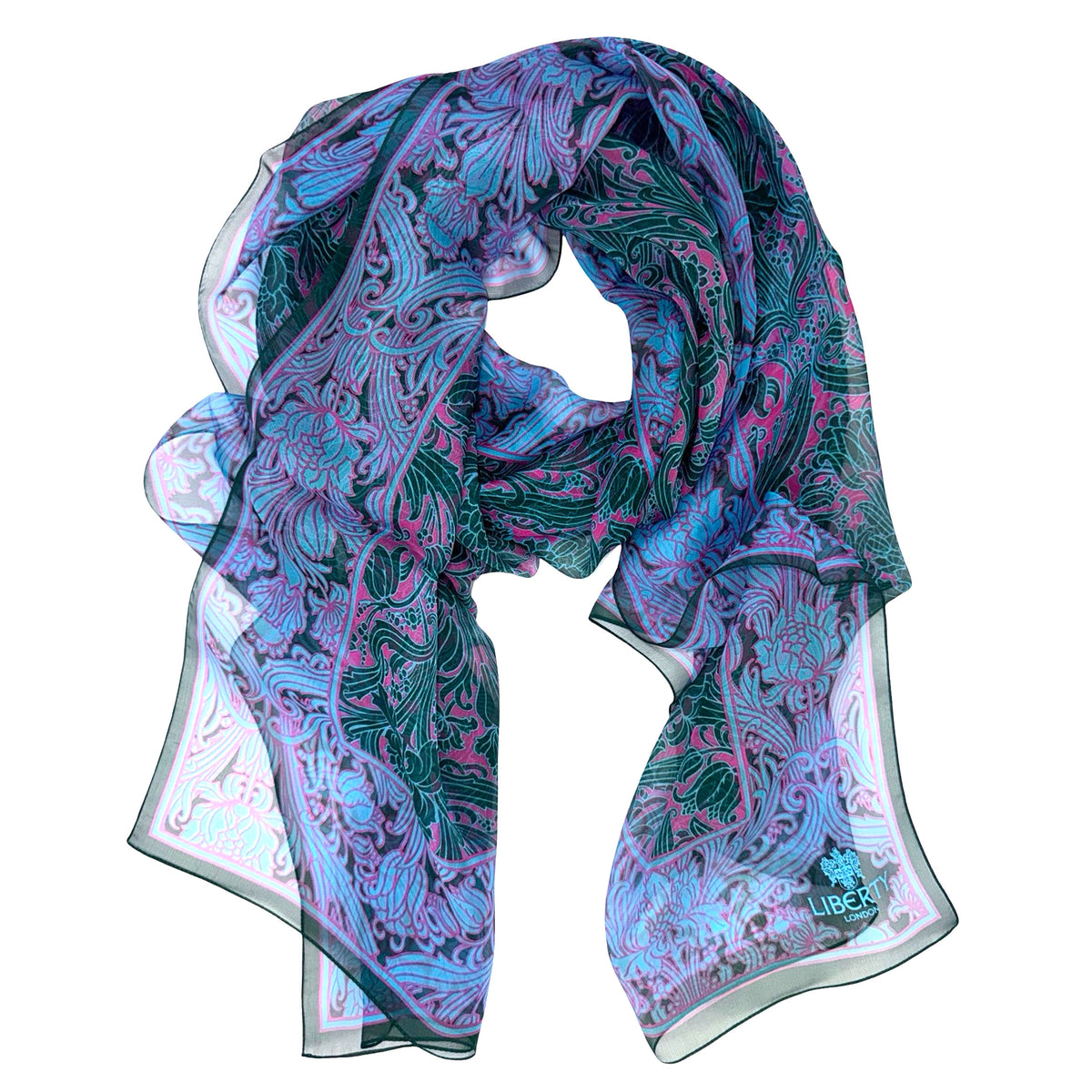 Liberty London Scarf Pink Sky Blue Green Design - Chiffon Silk Shawl