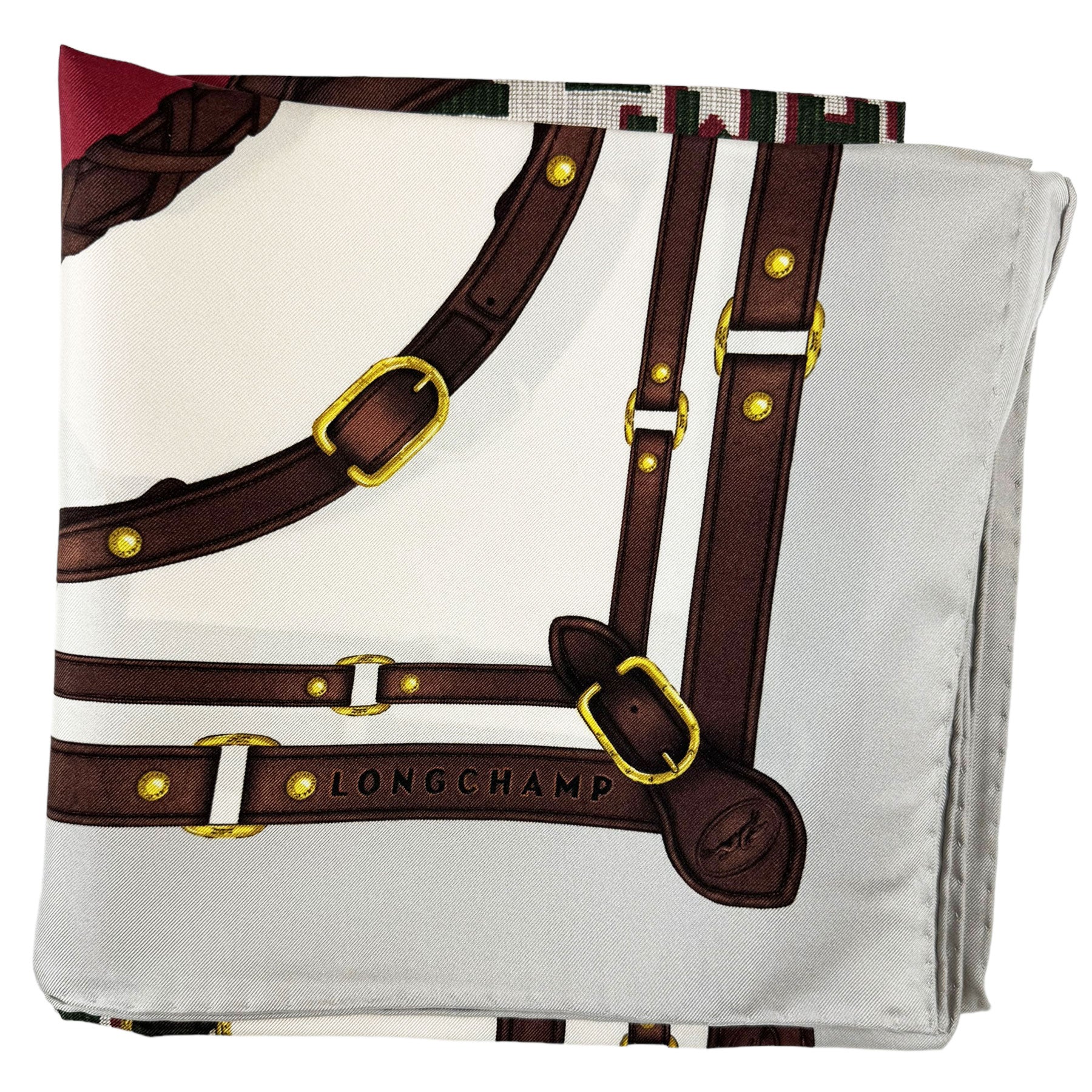 Longchamp Silk Scarf Gray Equestrian Design - Square Foulard