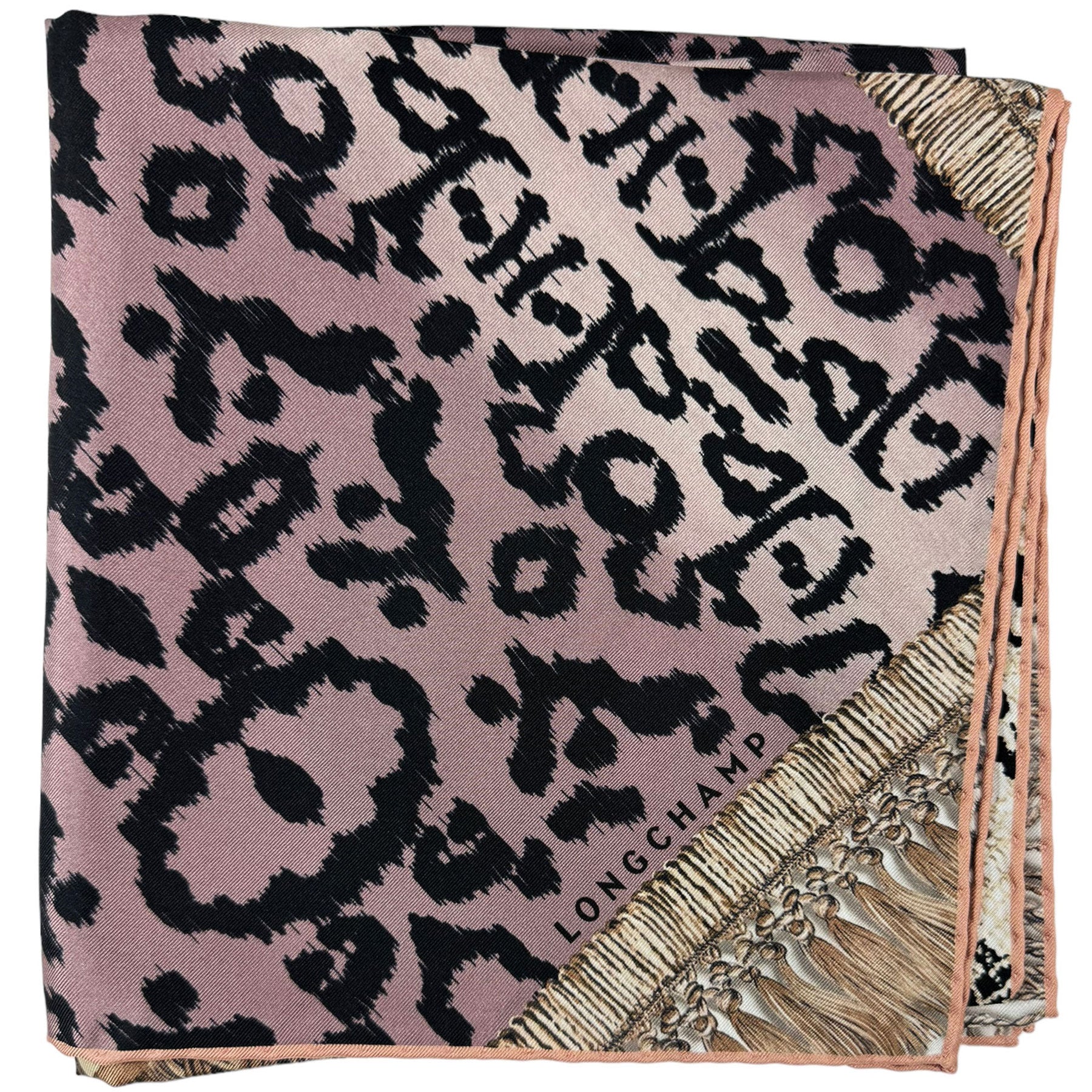 Longchamp Silk Scarf Pink Tan Design - Square Foulard