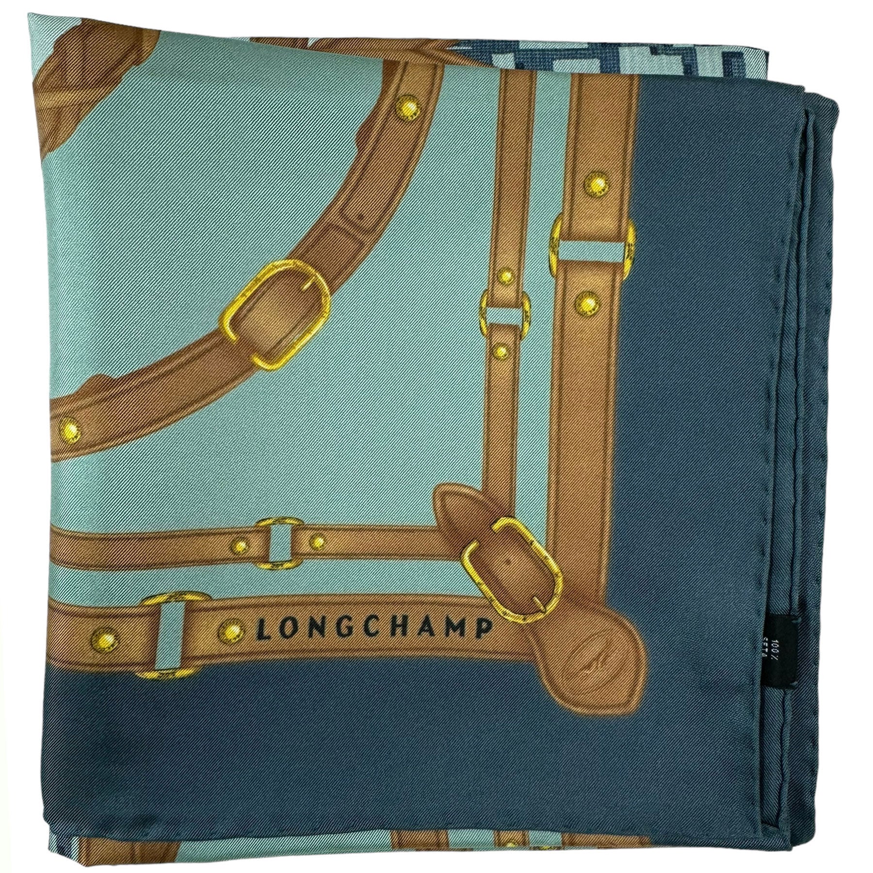Longchamp Silk Scarf Green Brown Equestrian Design - Square Foulard