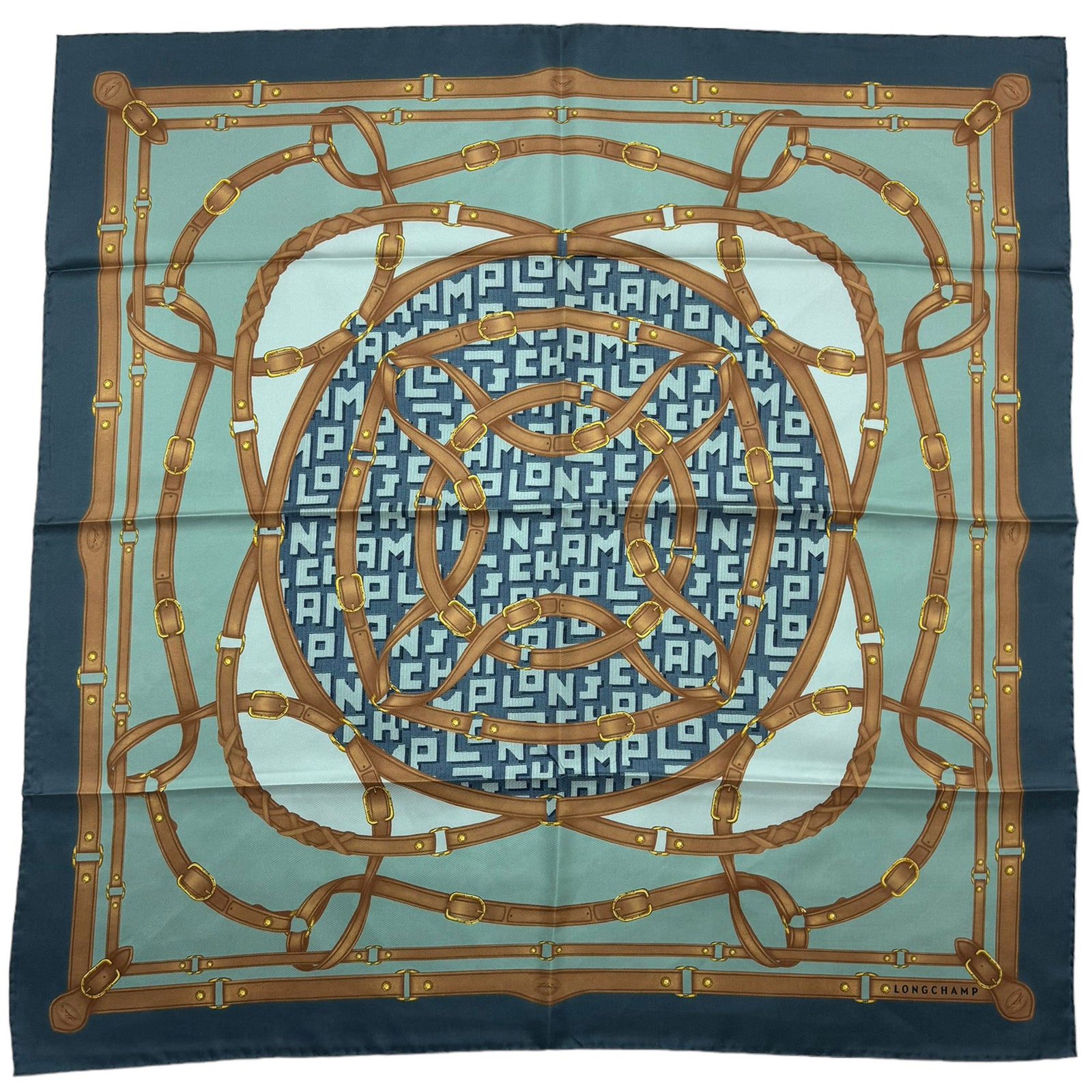 Longchamp Silk Scarf Green Brown Equestrian Design - Square Foulard