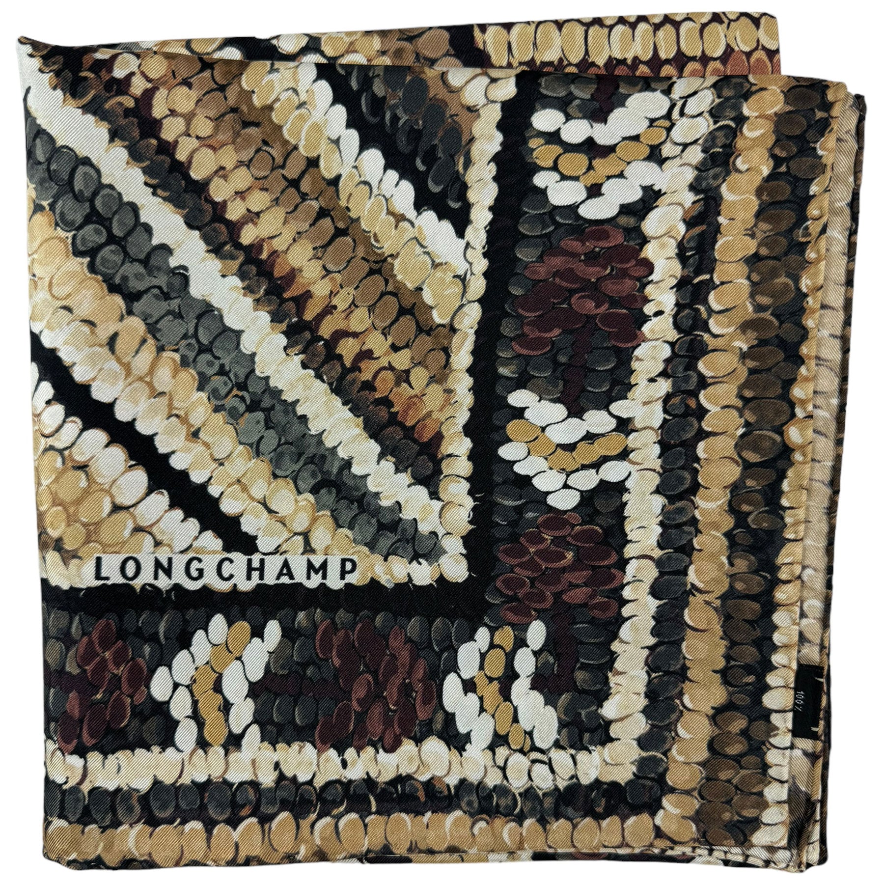 Longchamp Silk Scarf Brown Green Design - Square Foulard