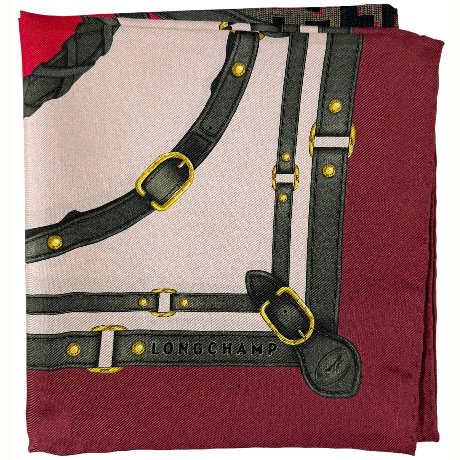 Longchamp Paris Scarf Maroon Gray Red Equestrian Design - Silk Square Foulard