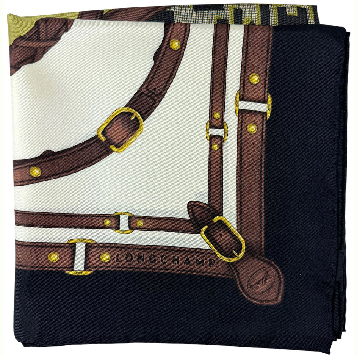 Longchamp Paris Scarf Black Brown Lime Equestrian Design - Silk Square Foulard