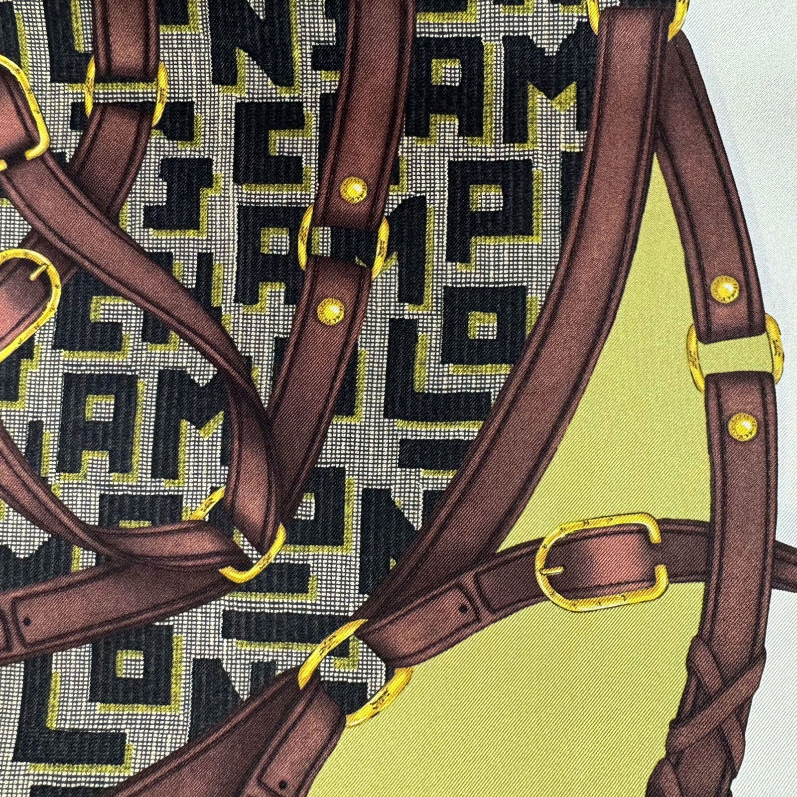 Longchamp Paris Scarf Black Brown Lime Equestrian Design - Silk Square Foulard