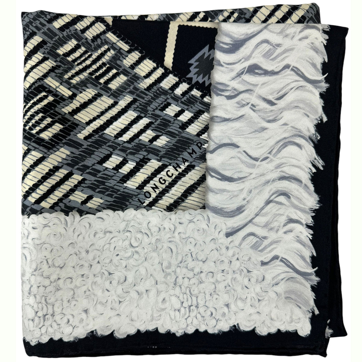 Longchamp Silk Scarf Black White Gray Design - Square Foulard