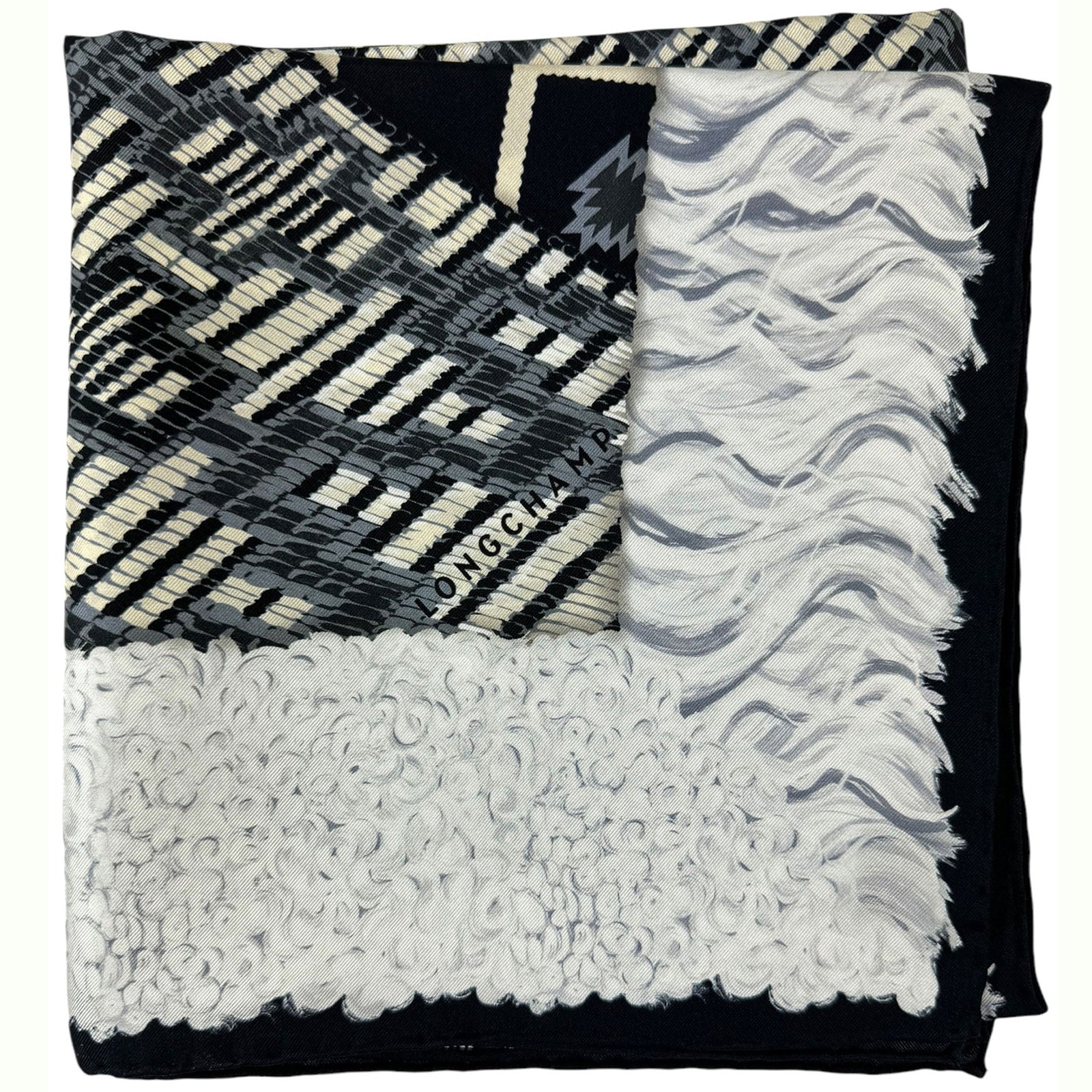 Longchamp Silk Scarf Black White Gray Design - Square Foulard