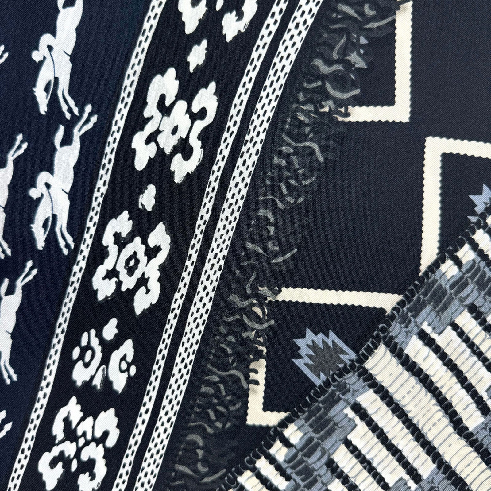 Longchamp Silk Scarf Black White Gray Design - Square Foulard