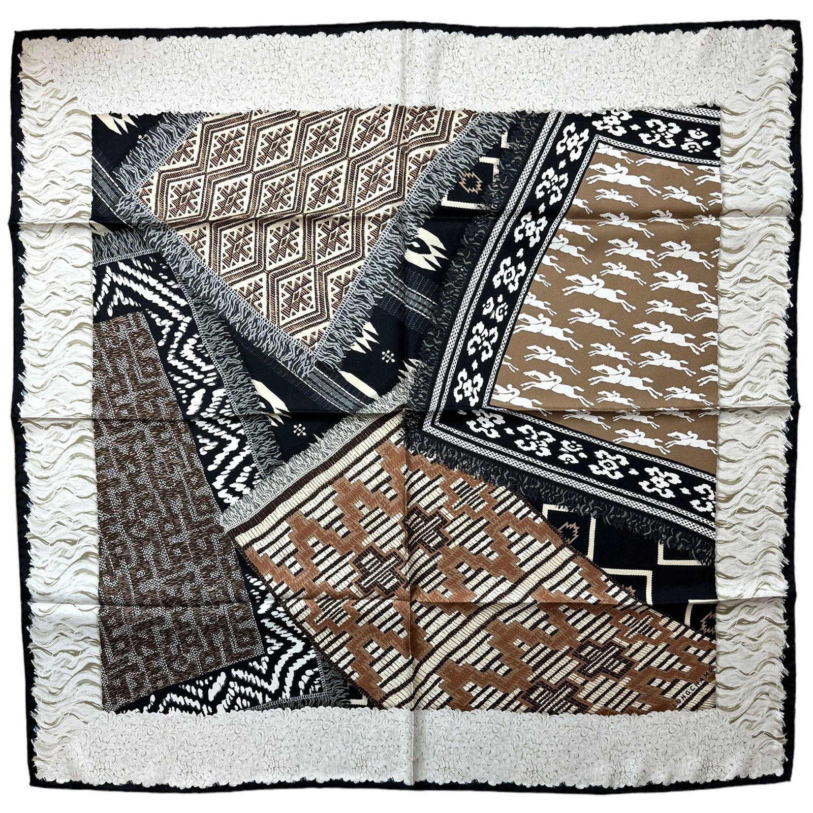 Longchamp Silk Scarf Black White Brown Design - Square Foulard