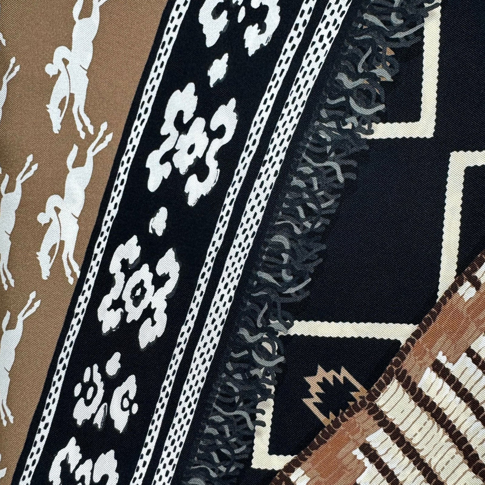 Longchamp Silk Scarf Black White Brown Design - Square Foulard