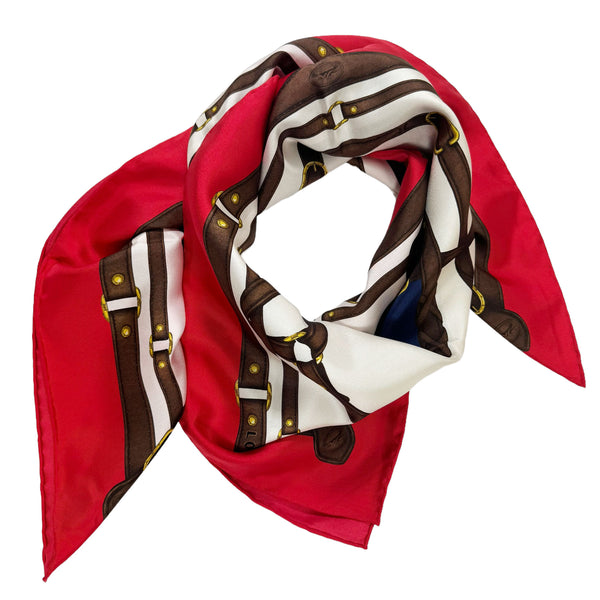 Longchamp Paris Scarf Red Brown Equestrian Design - Silk Square