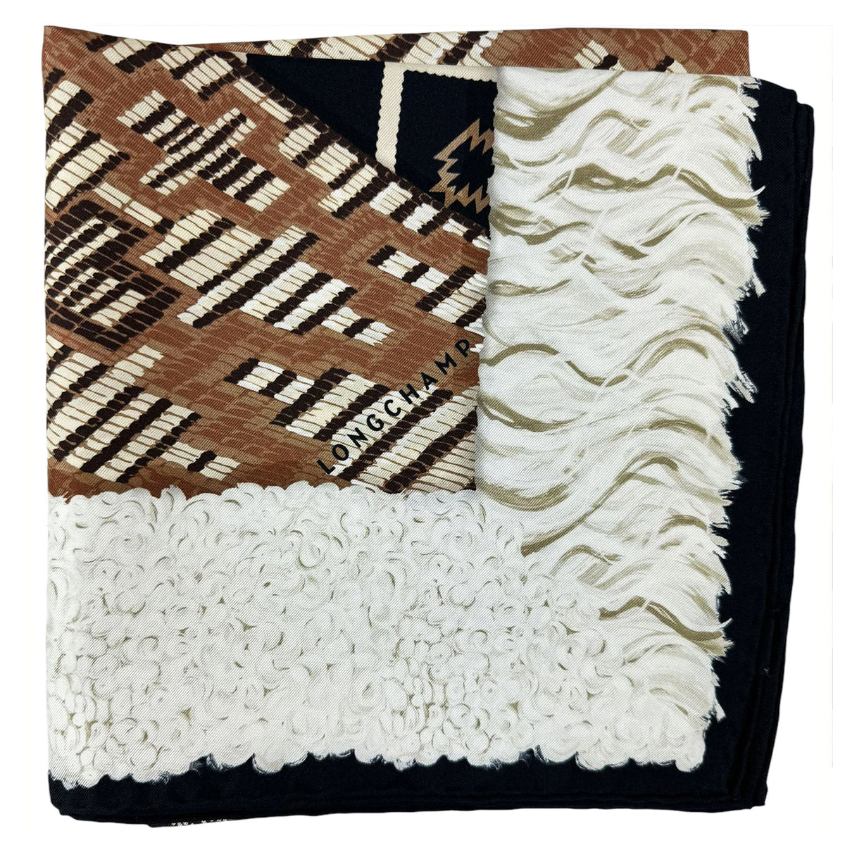 Longchamp Silk Scarf Black White Brown Design - Square Foulard