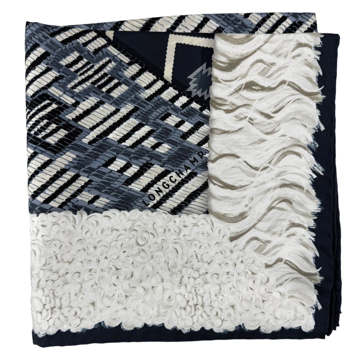 Longchamp Scarf Black Gray White Design - Square Twill Silk Foulard