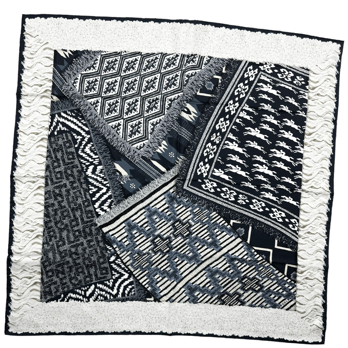 Longchamp Scarf Black Gray White Design - Square Twill Silk Foulard