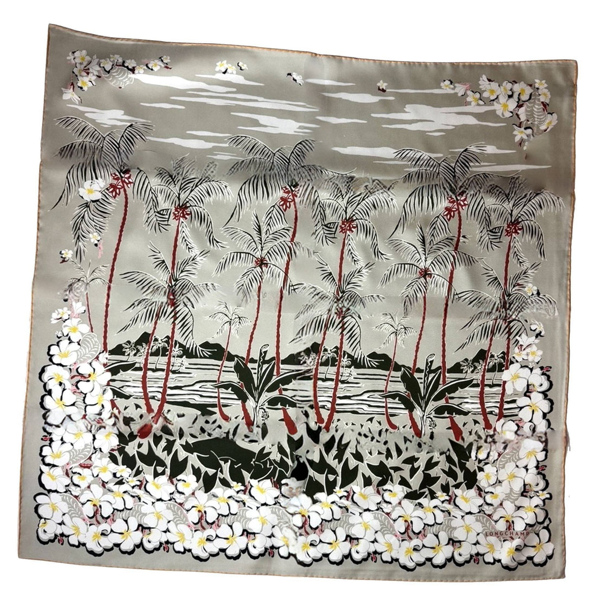 Longchamp Scarf Tropical Floral &amp; Palm Design - Square Twill Silk Foulard