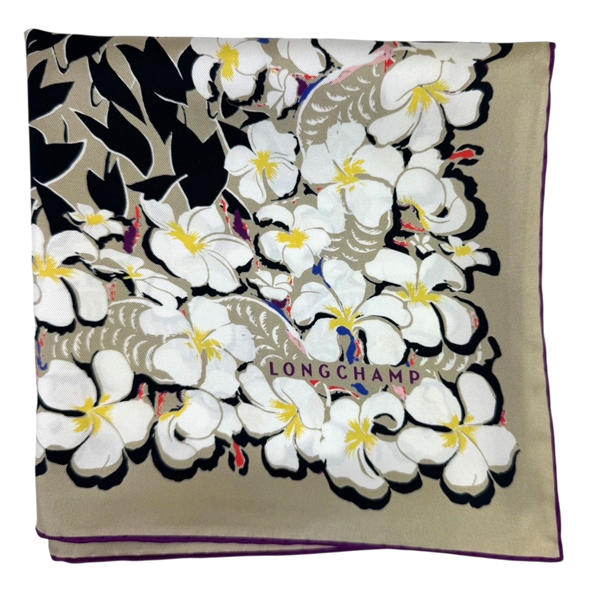 Longchamp Scarf Taupe Tropical Floral & Palm Design - Square Twill Silk Foulard