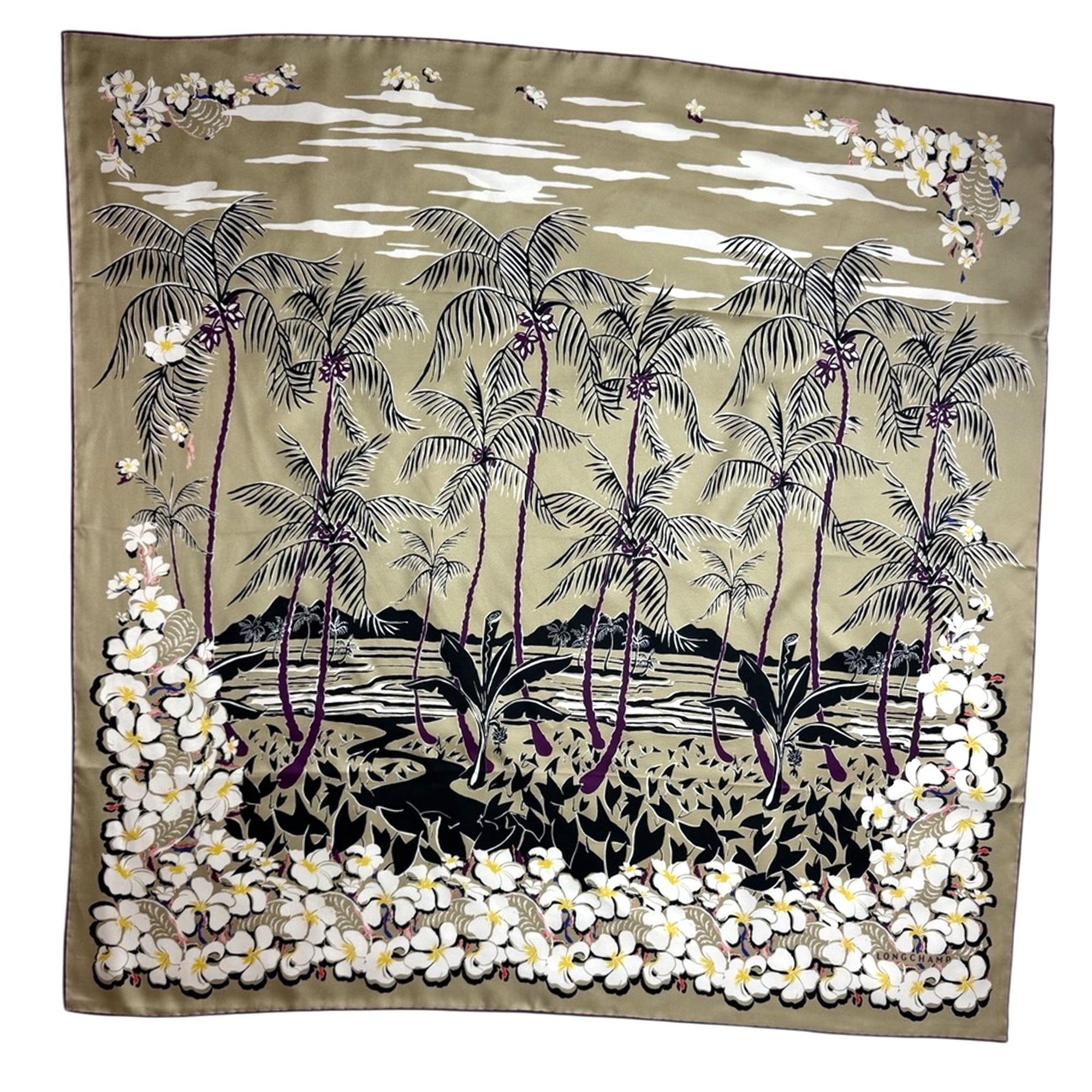 Longchamp Scarf Taupe Tropical Floral & Palm Design - Square Twill Silk Foulard