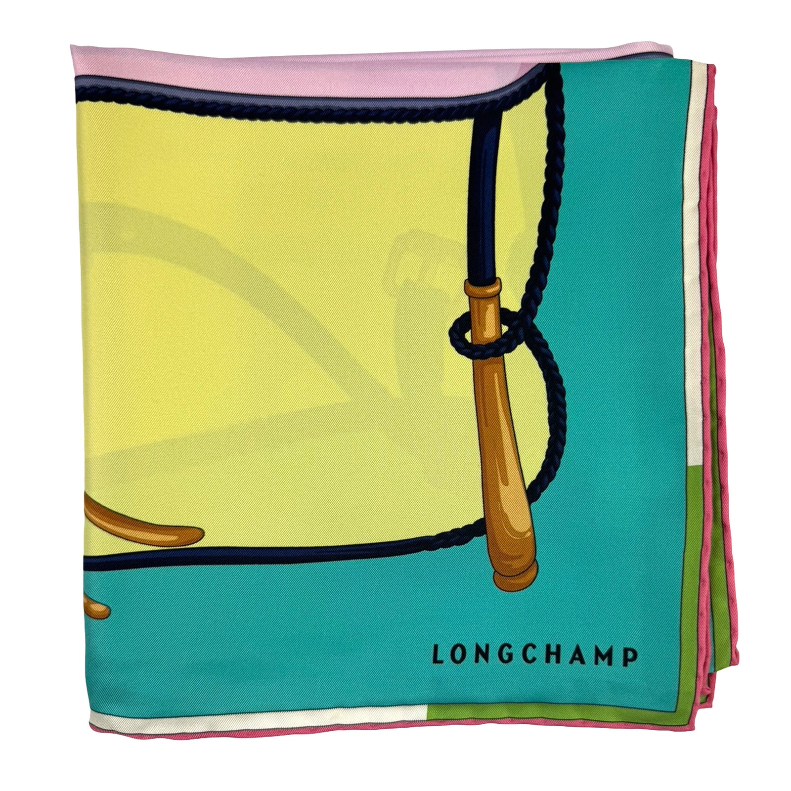Longchamp Scarf Lime Green Pink Equestrian Design - Square Twill Silk Foulard
