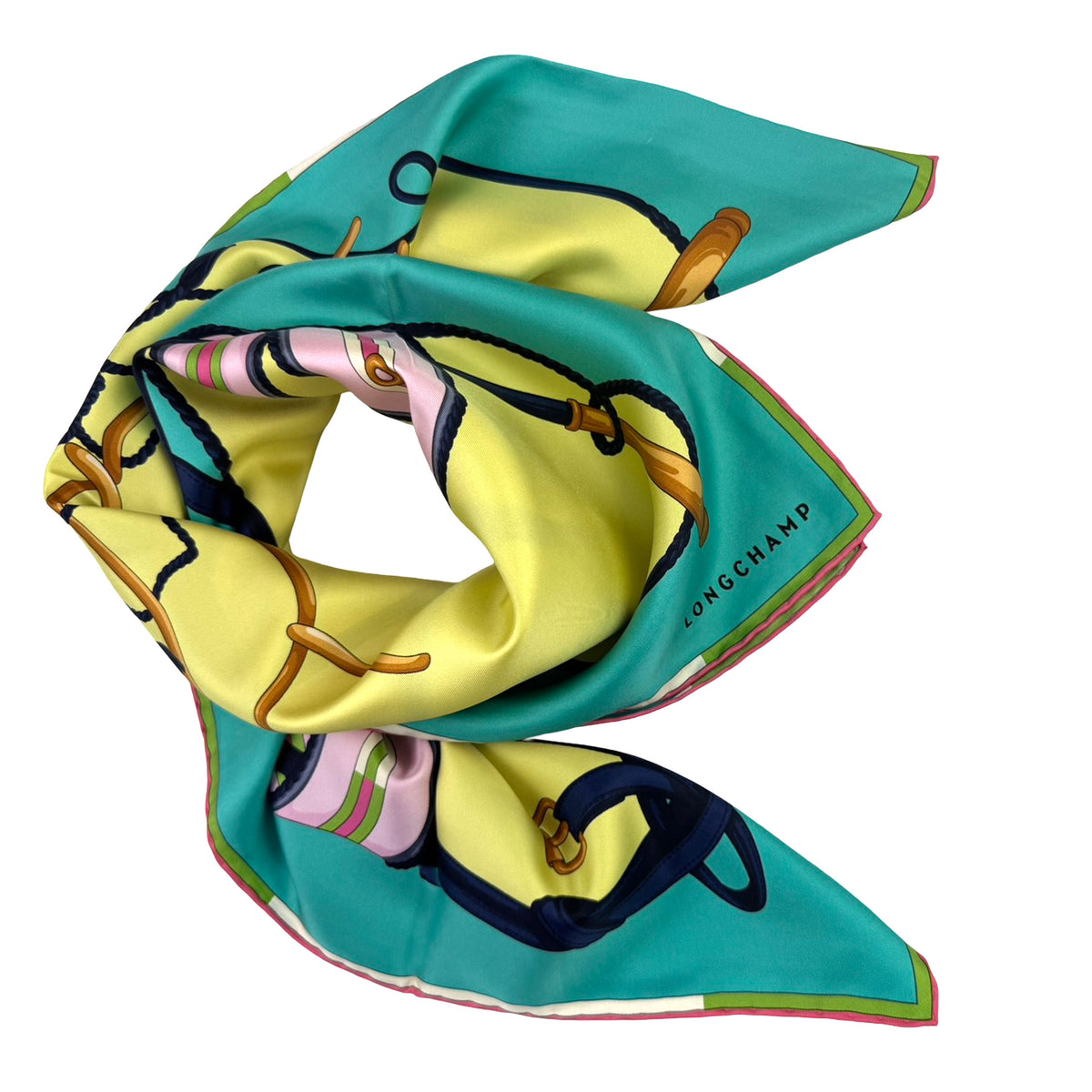 Longchamp Scarf Lime Green Pink Equestrian Design 
