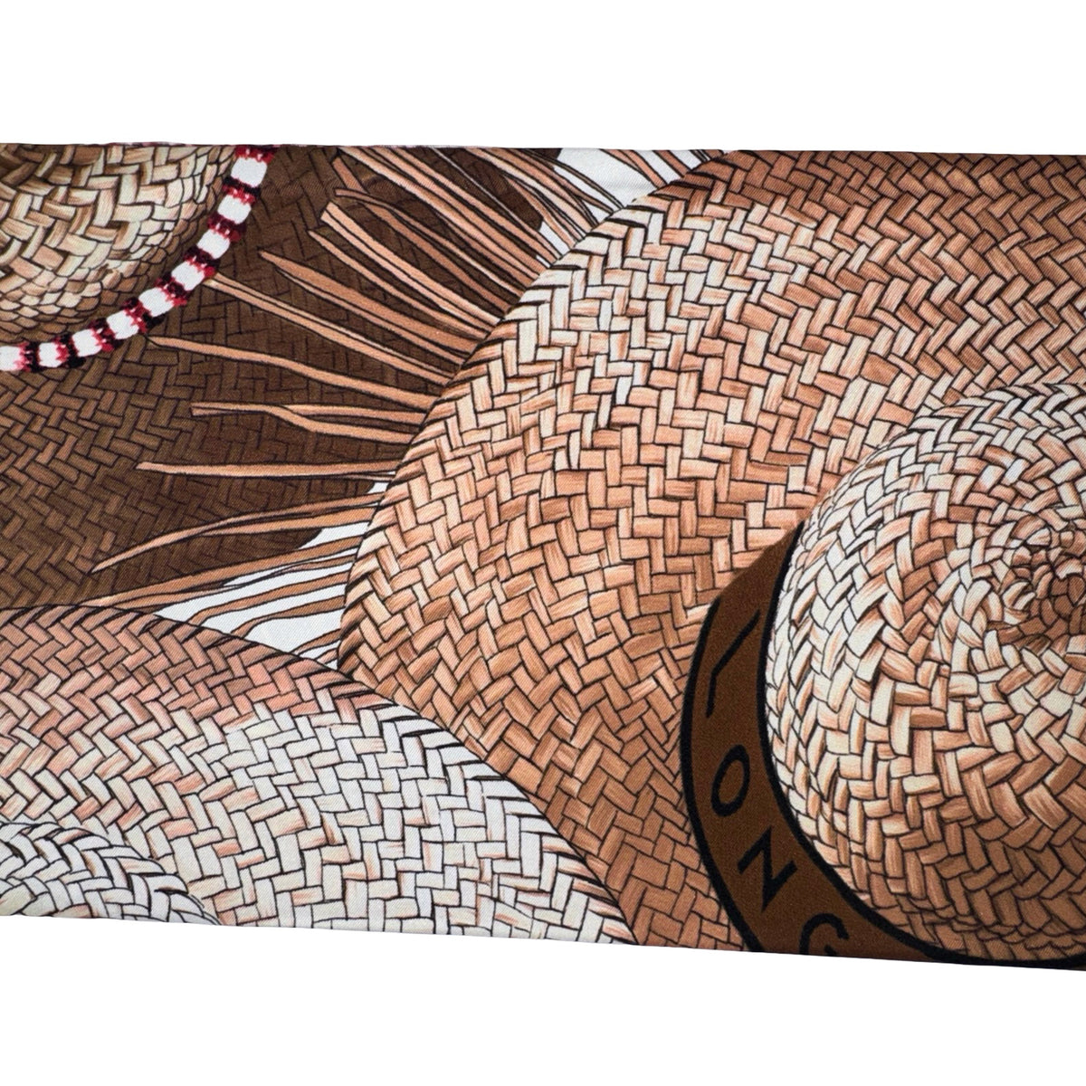 Longchamp Scarf Beige Brown Straw Hats Design - Square Twill Silk Foulard