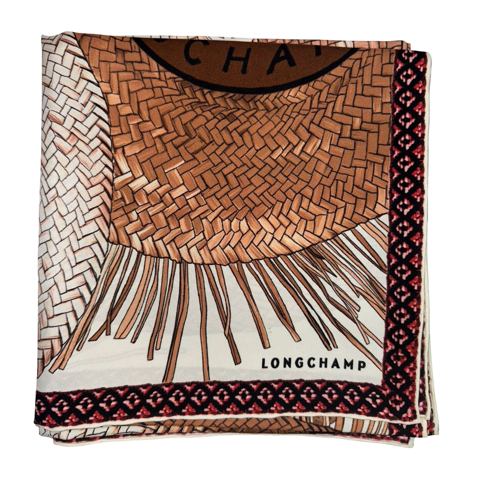 Longchamp Scarf Beige Brown Straw Hats Design - Square Twill Silk Foulard