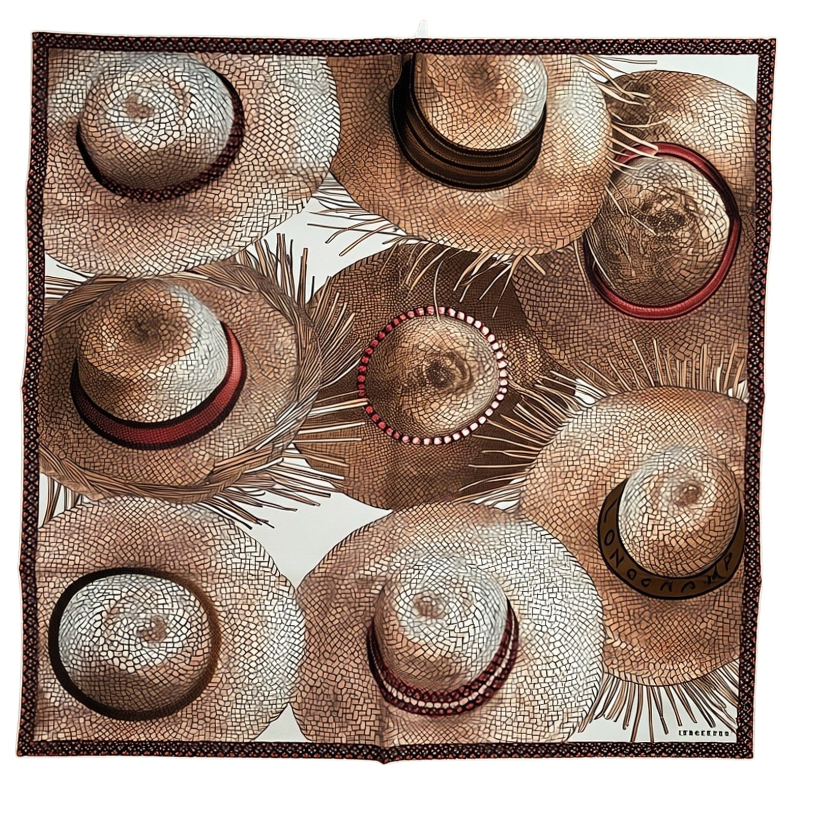 Longchamp Scarf Beige Brown Straw Hats Design - Square Twill Silk Foulard